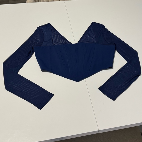 Navy Blue Corset Crop Top Long Sleeve - Picture 5 of 11